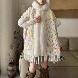 高级感仿水貂绒流苏披肩2025秋冬新款宽松外搭连帽斗篷大衣外套女