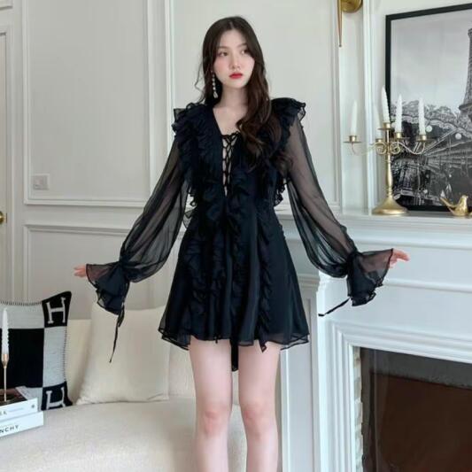 Summer New Casual Beach Holiday Chiffon dress Korean Style Elegant Sexy Perspective Backless Hollow A- line Dress