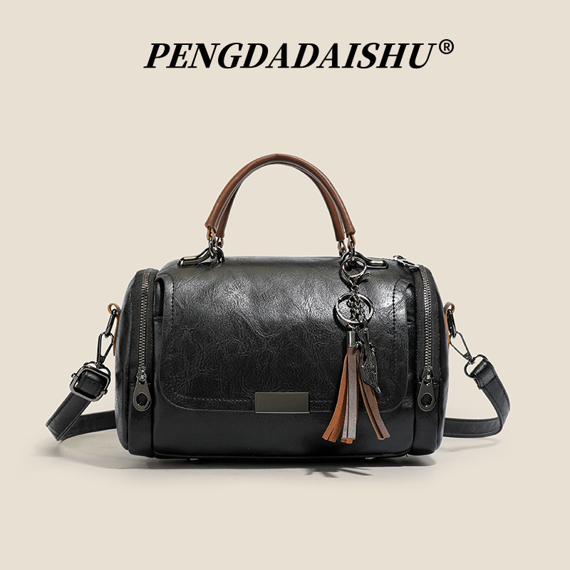 Retro Tassel Cylinder Bag Handbag Crossbody Bag Large Capacity Boston Pillow Bag Commuter Casual Women's Bag Versatile Style - Thumbnail 3