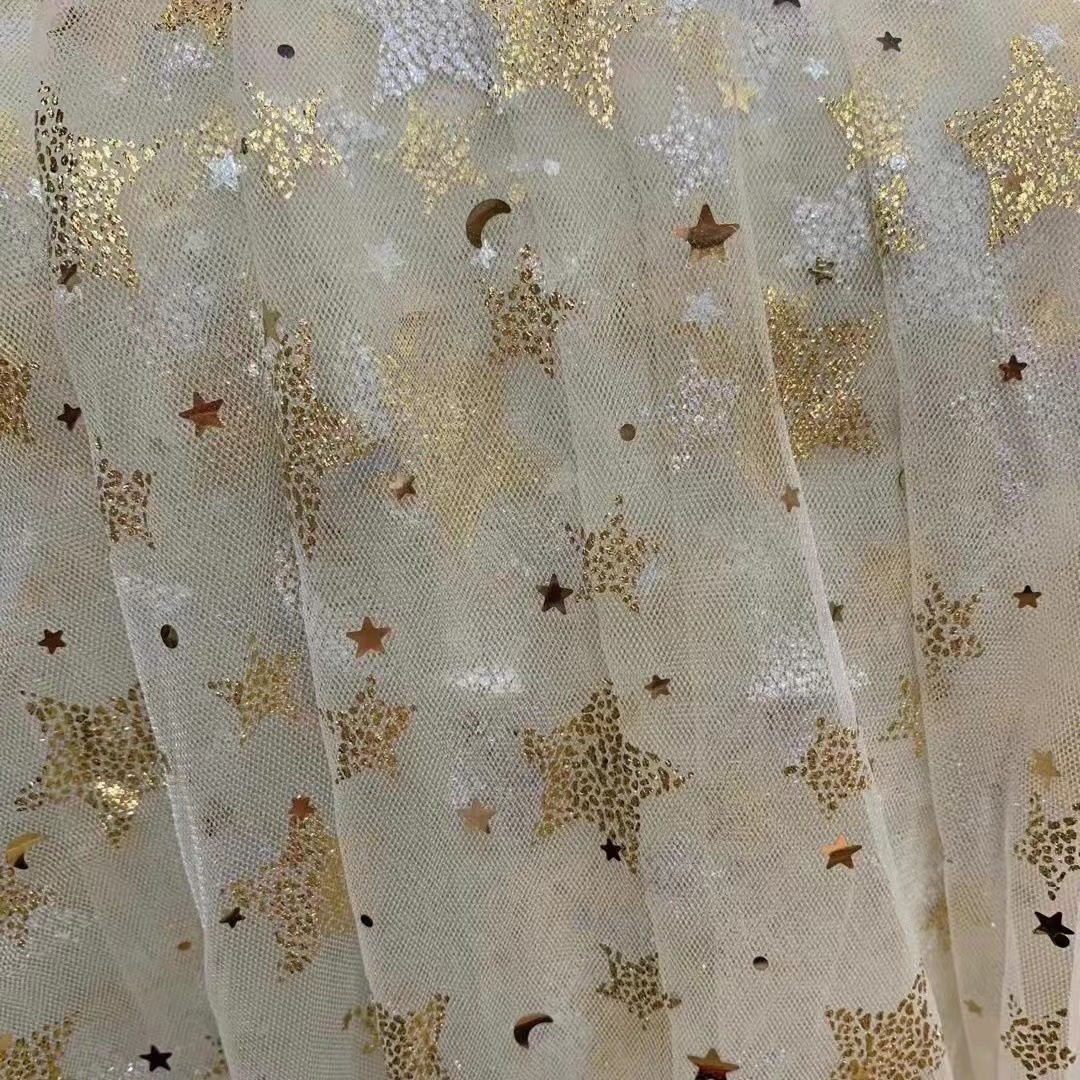 烫膜网纱五角星金银贴片网纱面料星星月亮女童连衣裙网纱裙洛丽塔