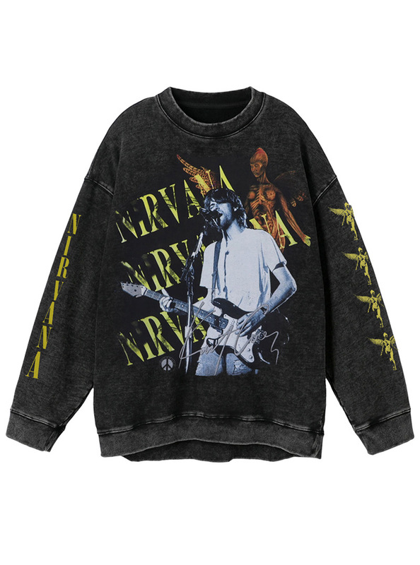2025 Autumn/Winter Nirvana Band Rock American Cobain Kurt Washed Vintage Men's Crewneck Sweatshirt 2025 Autumn/Winter Nirvana Band Rock American Cobain Kurt Washed Vintage Men's Crewneck Sweatshirt