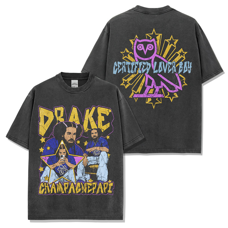 Cross-border American retro drake printed washed short sleeve t-shirt round neck long sleeve loose hooded sweater wholesale