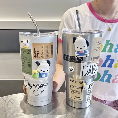 Bingba cup car cup portable coffee cup cold cup thermos cup dual-purpose summer stainless steel straw cup