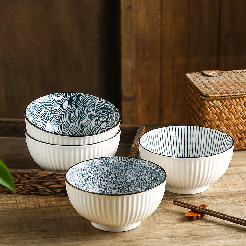 Cuenco de cerámica estilo japonés de 6 pulgadas, con rayas verticales y color bajo esmalte, para ramen, sopa dulce o uso doméstico.