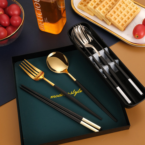 ins stainless steel portable tableware alloy chopsticks spoon set outdoor portable tableware gift three-piece set