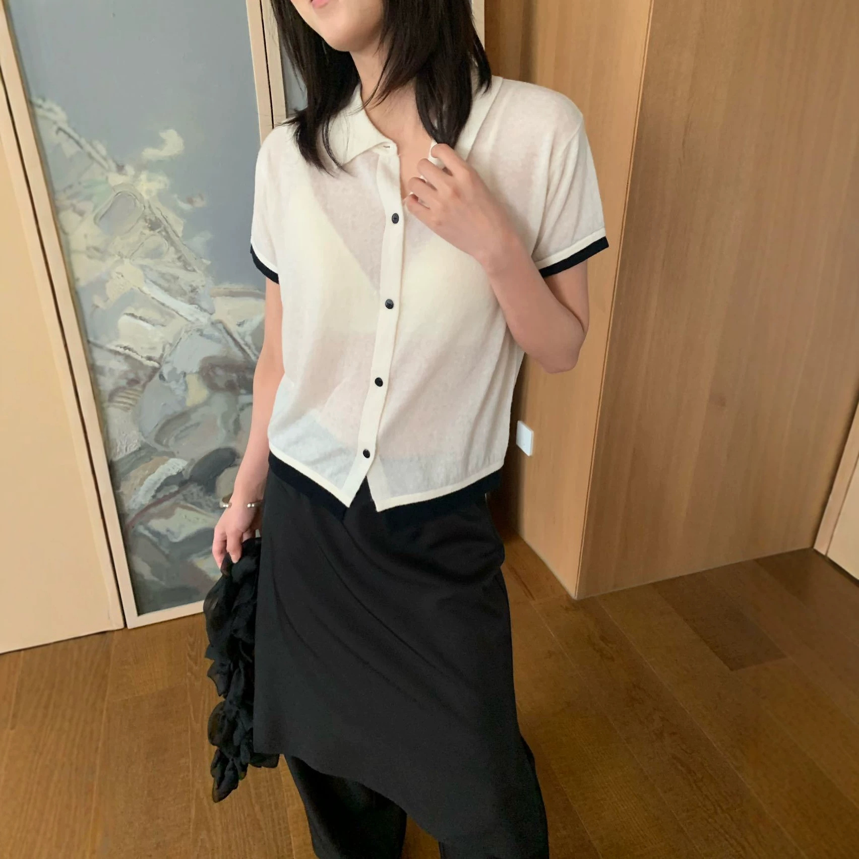 Kamanshi Light Summer Korean Style Four Seasons Green Women's Clothing Korean Style Temperament Color Block Polo Collar Short Sleeve Knitted Cardigan Top