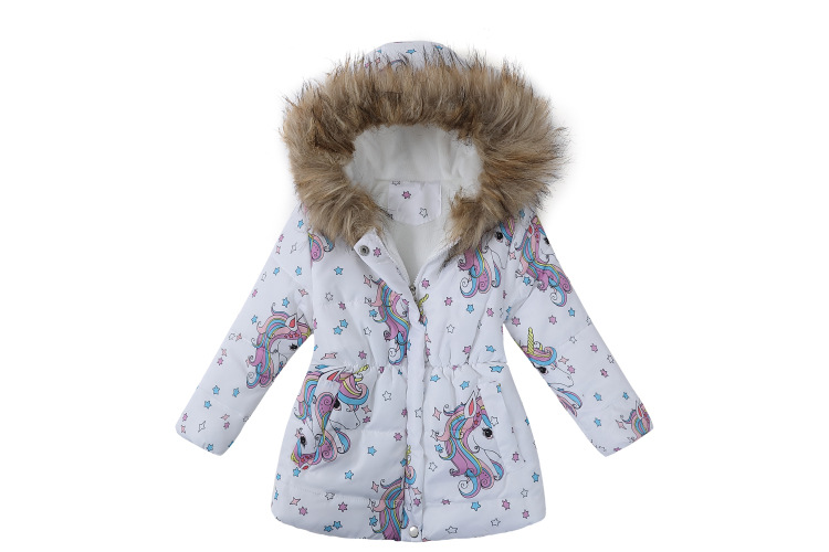 Roupas infantis Novas meninas inverno longo com capuz gola de pele casaco de algodão estampado jaqueta de algodão infantil_voghion.com