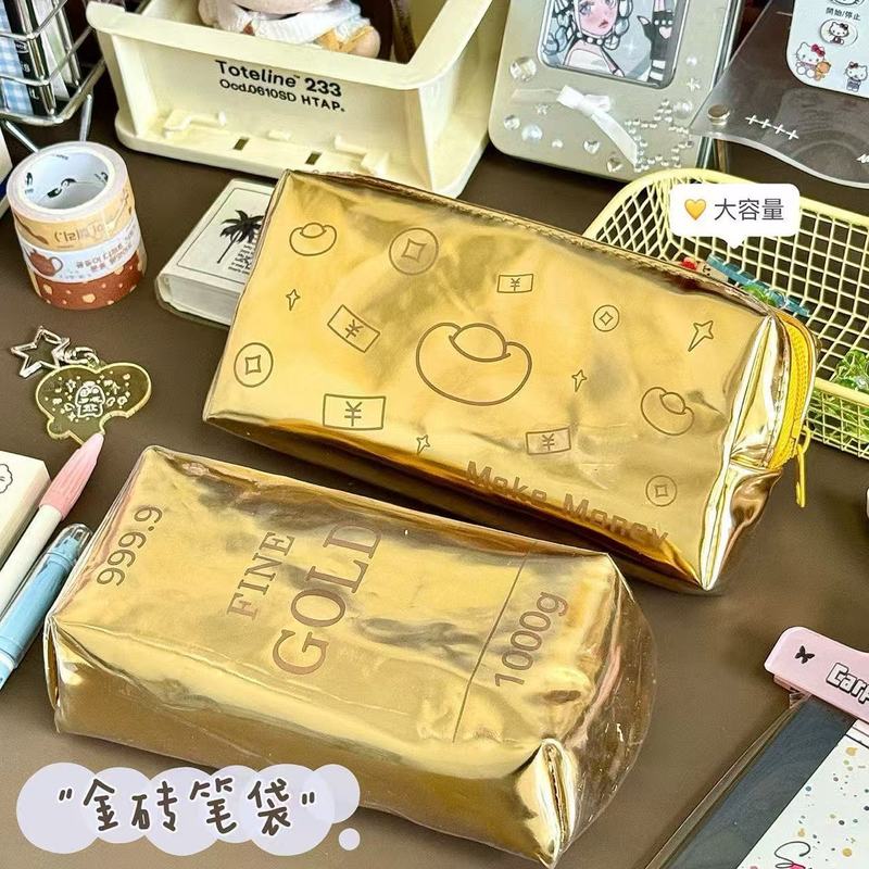 金元宝笔袋创意搞怪ins 学生通用便携耐脏防水金色发财文具收纳袋|undefined