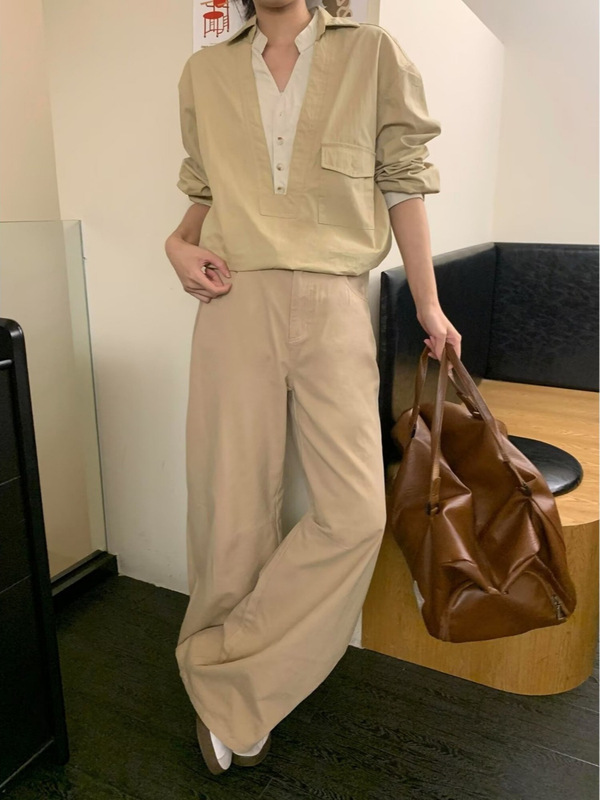 韩式春秋季新款老钱风深V领撞色宽松休闲衬衫假两件中性风男上衣|undefined