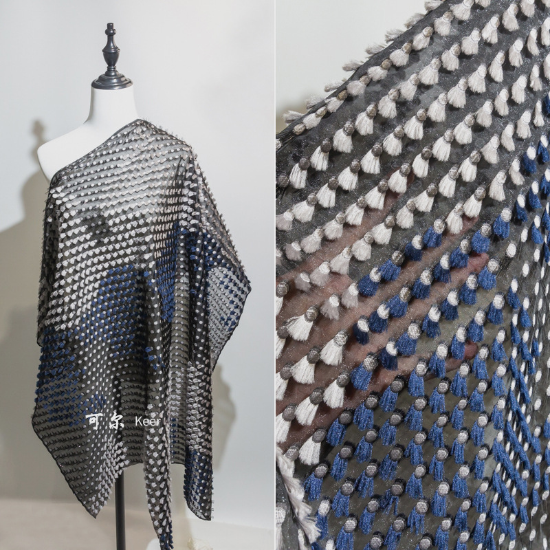 【小额批发】春夏渐变高端连衣流苏图案深蓝色设计涤纶提花面料