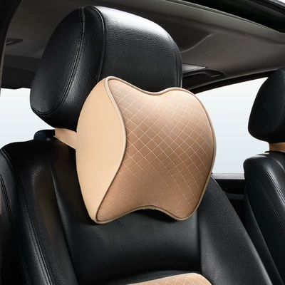 Headrest Memory Foam Neck Pillow, Car - grid-headrest-warm-beige