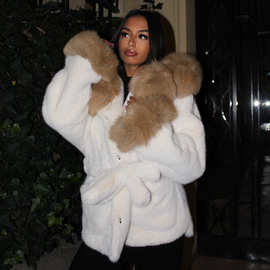 亚马逊跨境2025冬季毛领系带收腰皮草大衣女名媛风优雅外套