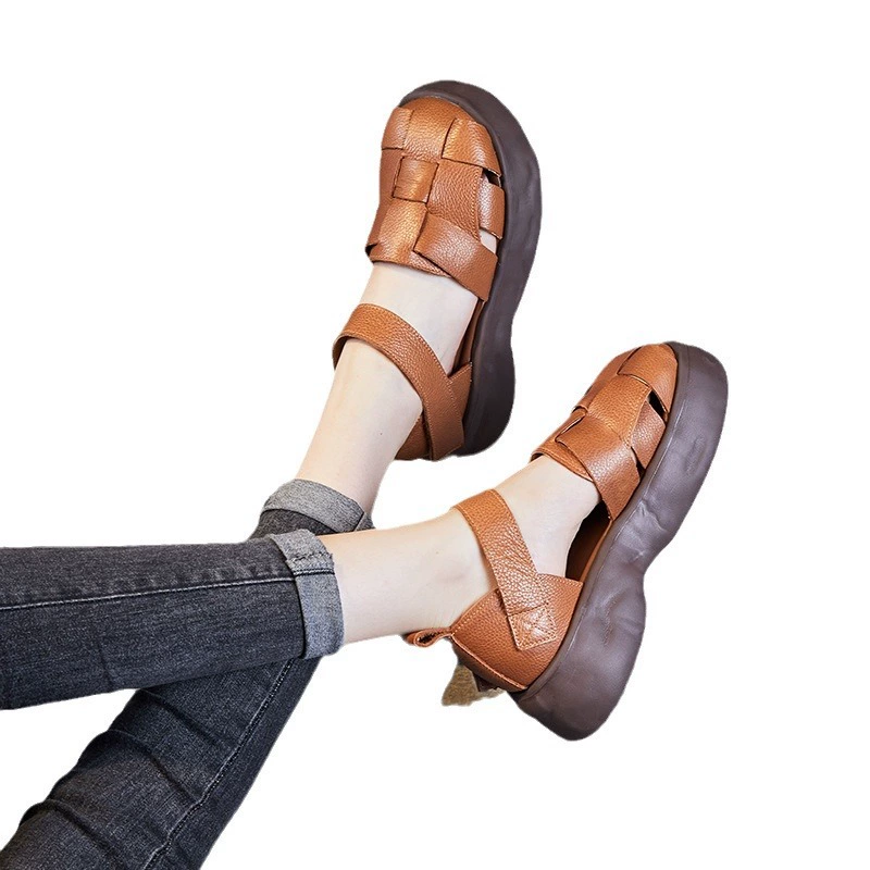 Summer leather sandals platform, woven slide, genuine slippers, beach footwear, cowhide