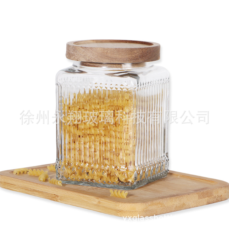 1000毫升透明花纹玻璃方形储物罐卡口配木盖