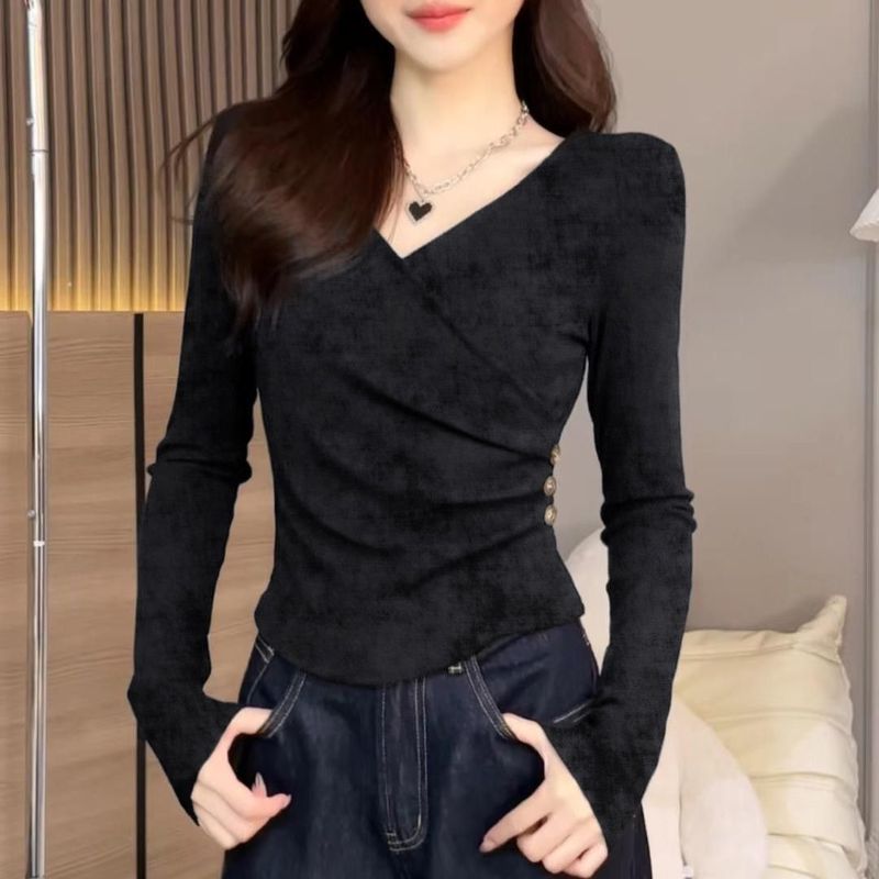 大码时尚扎染V领长袖打底T恤女春秋冬内搭设计感纽扣修身显瘦上衣|undefined
