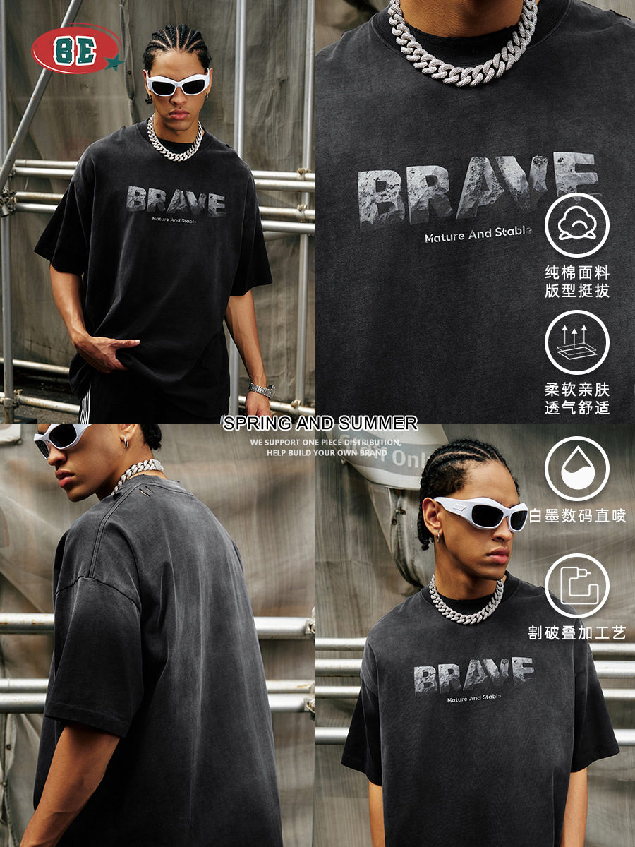 BE ropa de hombre de verano 2025 marca de moda americana pesada teñida con agua lavada para hacer viejas camisetas de estilo callejero letras de manga corta camisetas para hombres