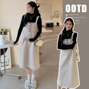 Pregnant women's autumn and winter 2024 new dress fashion two-piece woolen strap skirt autumn suit base shirt