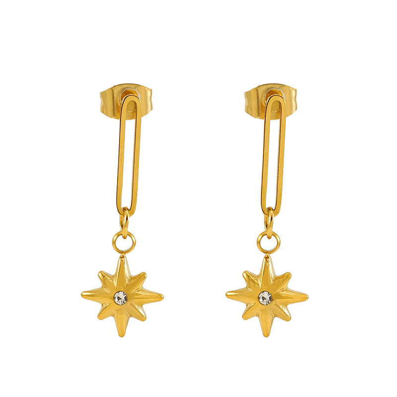 Diseño de nicho Estilo francés Colgante de estrella de ocho mandos Pendientes huecos de acero de titanio Moda de oro de 18k Pendientes nuevos de todo fósforo