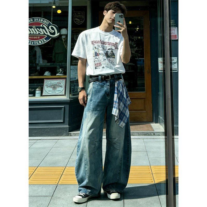 American Retro Blue Wide-Leg Jeans Unisex Square Scarf Design Summer New Style Loose Slimming Drapey Scimitar Pants American Retro Blue Wide-Leg Jeans Unisex Square Scarf Design Summer New Style Loose Slimming Drapey Scimitar Pants