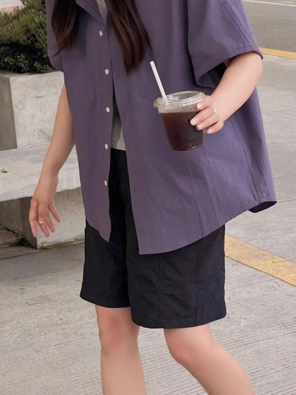 日系短袖紫色衬衫上衣女款夏季2025新款宽松复古休闲设计高级衬衫|undefined