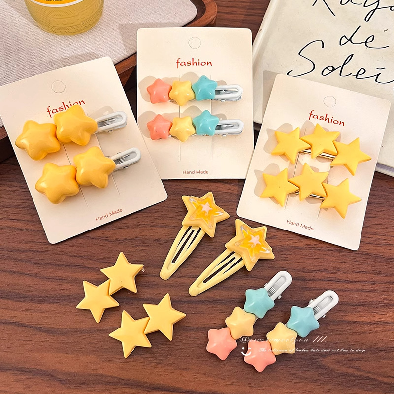 Horquilla de estrella amarilla dulce y linda, clip de flequillo en la frente femenina, cabello roto en el costado, clip de pico de pato, tocado