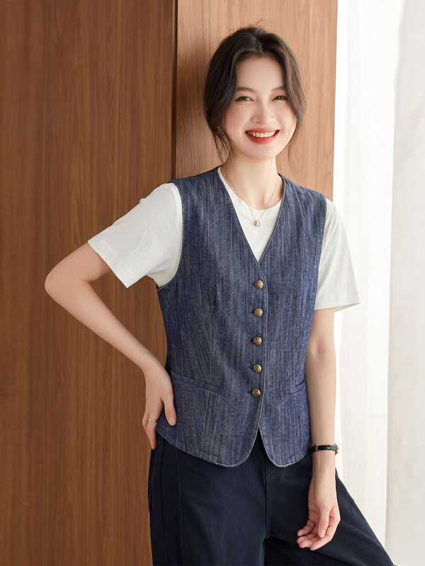 Áo vest denim nữ cổ chữ V phong cách retro, áo khoác mặc ngoài dáng suông dài 50–65 cm — Xanh cổ điển