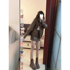 美式复古高级感皮衣外套女初秋季港风机车服夹克上衣短裙两件套装