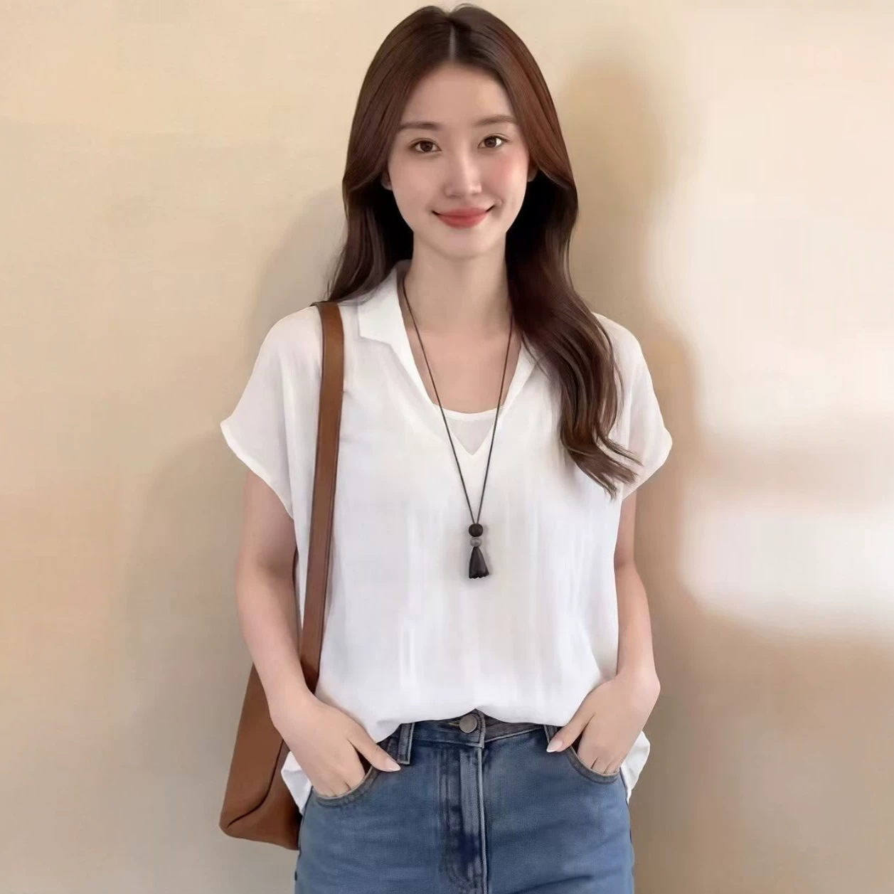 Áo sơ mi nữ cổ chữ V tay ngắn phối hai lớp màu xanh nhạt — màu xanh nhạt chi tiết 1