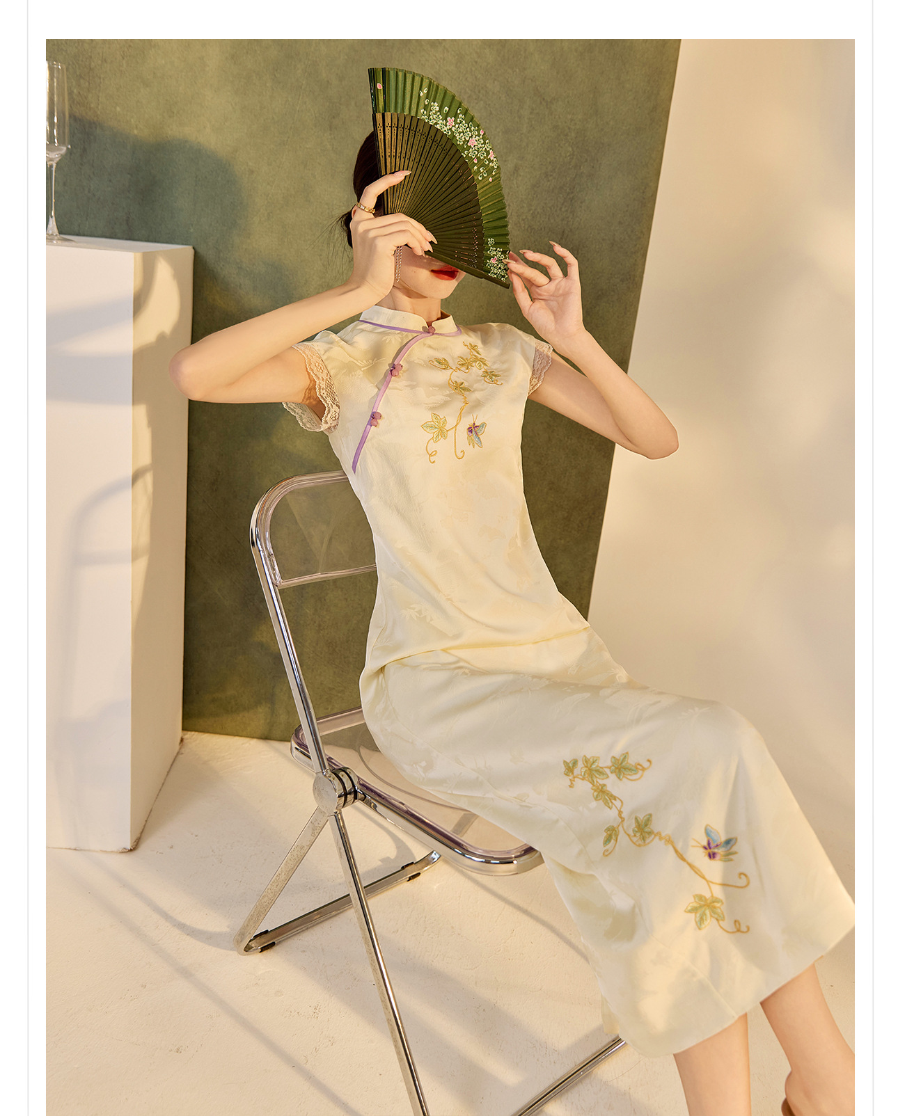 Đầm tay phồng cổ đứng phong cách Trung Hoa mùa hè, sườn xám thêu cải tiến cao cấp — Màu trắng, Màu mơ chi tiết 7