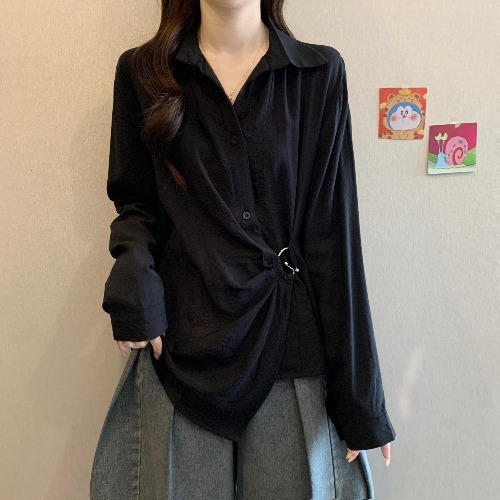 高级感法式不规则长袖衬衫女早秋2025新款大码胖MM收腰衬衣上衣|undefined
