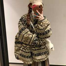 新款民族风提花羊羔毛外套女秋冬新款加厚保暖立领夹克