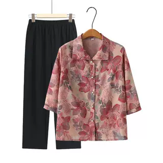 奶奶薄款夏装中袖衬衫中老年人开衫七分袖夏季套装70岁妈妈上衣服