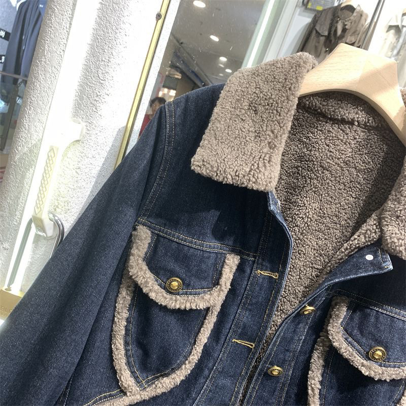 Women's Clothing lambswool thickened denim jacket lapel single breasted small long sleeved cotton jacket_voghion.com