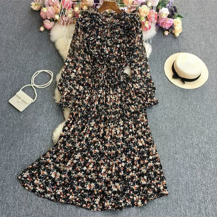 Spring and Autumn Gentle Korean Style Sweet Round Neck Ruffled Collar Waistline Slimming A- word Floral Chiffon dress Women Spring and Autumn Gentle Korean Style Sweet Round Neck Ruffled Collar Waistline Slimming A- word Floral Chiffon dress Women