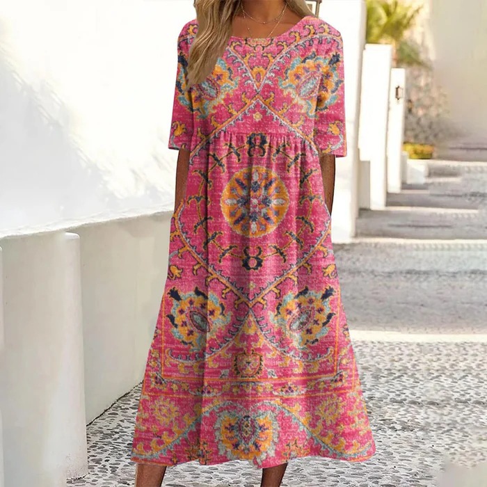 2025 European and American Clothing Independent Station Amazon Loose Round Neck Short-Sleeved Digital Printing Dress Long Skirt