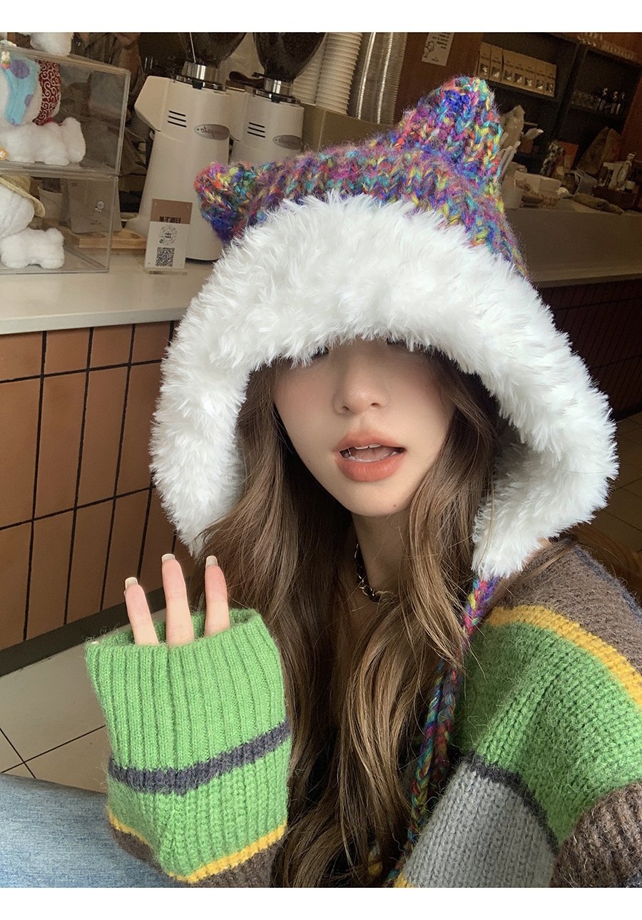 Cute Ears, Big Headband, Colorful Thick Wool Knitted Hat, Women's Autumn and Winter Warmth, Show Face, Small Plush_voghion.com