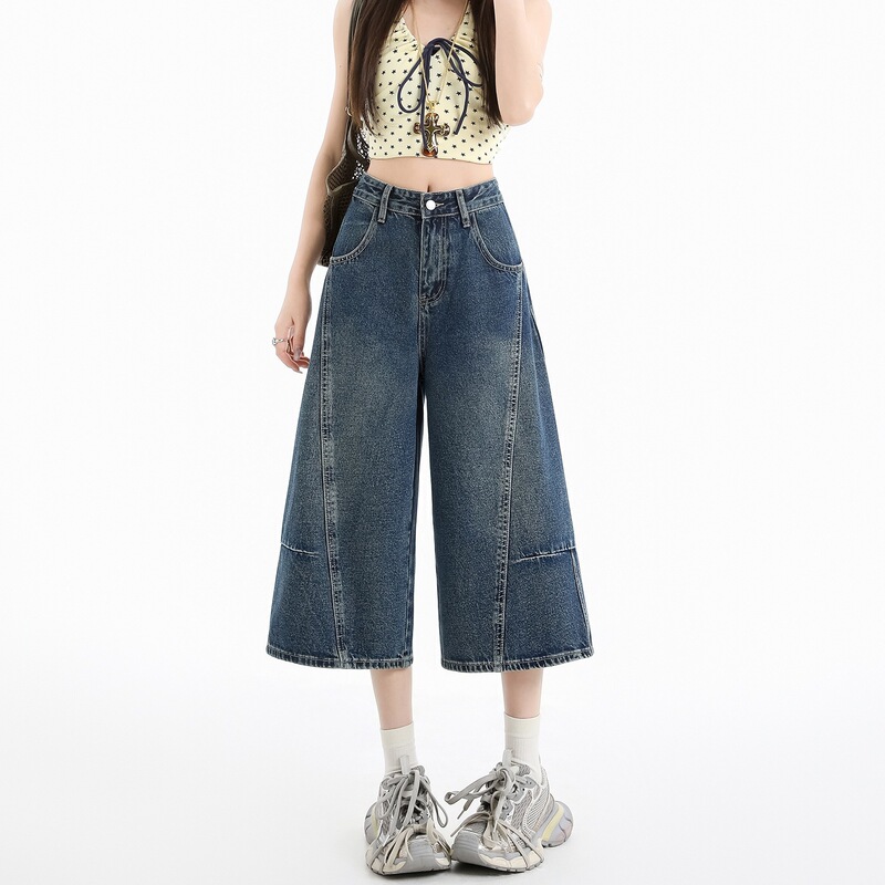 American-style patchwork cropped jeans for women, summer personalized design, loose wide-leg high street style, straight mid-length pants for petite women American-style patchwork cropped jeans for women, summer personalized design, loose wide-leg high street style, straight mid-length pants for petite women