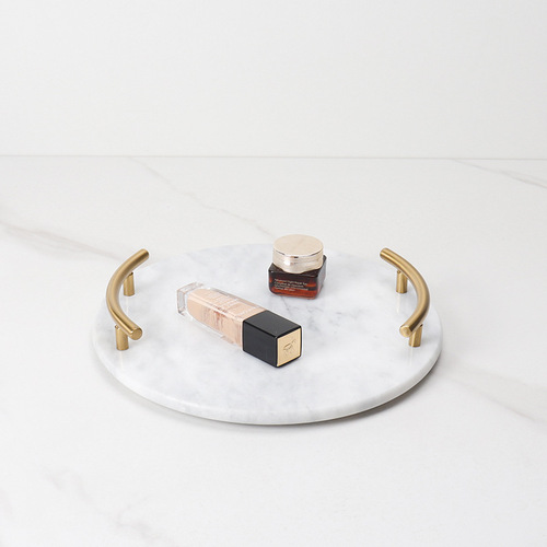 Natural marble round jewelry metal handle storage tray ornaments decoration model room hotel soft decoration