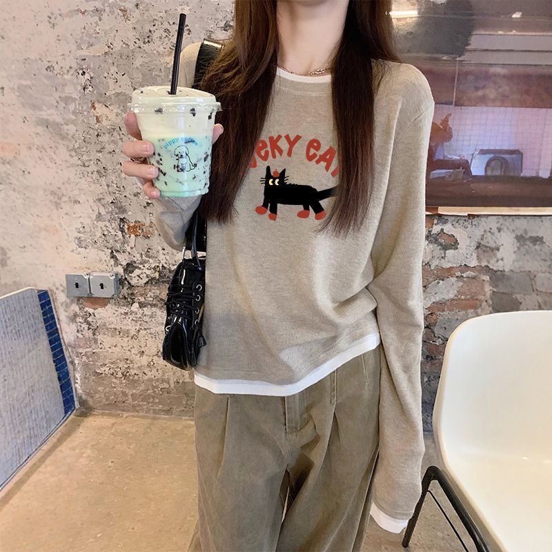 假两件长袖t恤打底衫女春秋2025叠穿撞色宽松设计感撞色纯棉上衣|undefined
