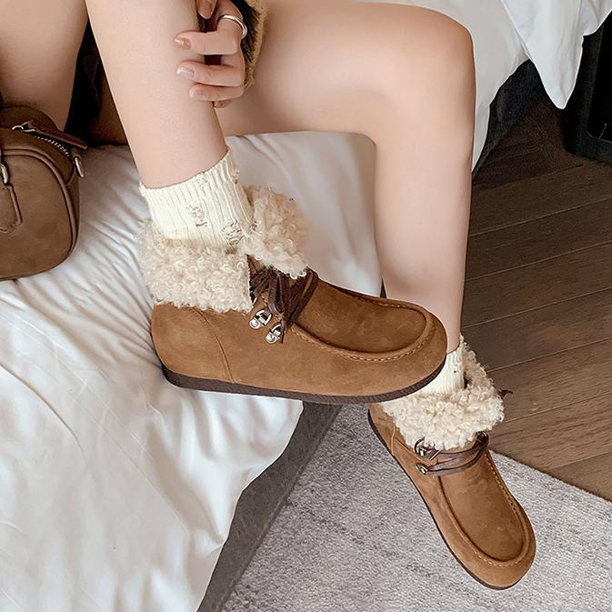 Boot tuyết nữ cổ cao lót lông giữ nhiệt, mũi tròn, dây buộc, tăng chiều cao bên trong — Vàng kem lót đơn, Đen lót nhung, Vàng kem lót nhung, Nâu lót nhung