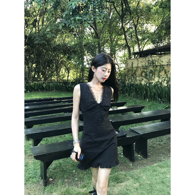 Joeyoo李乔优 时光花园 黑色连衣裙女夏蕾丝V领无袖a字短裙小黑裙|undefined