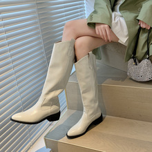 马油牛皮显腿长大筒围白色西部牛仔靴骑士靴秋冬不过膝长筒靴