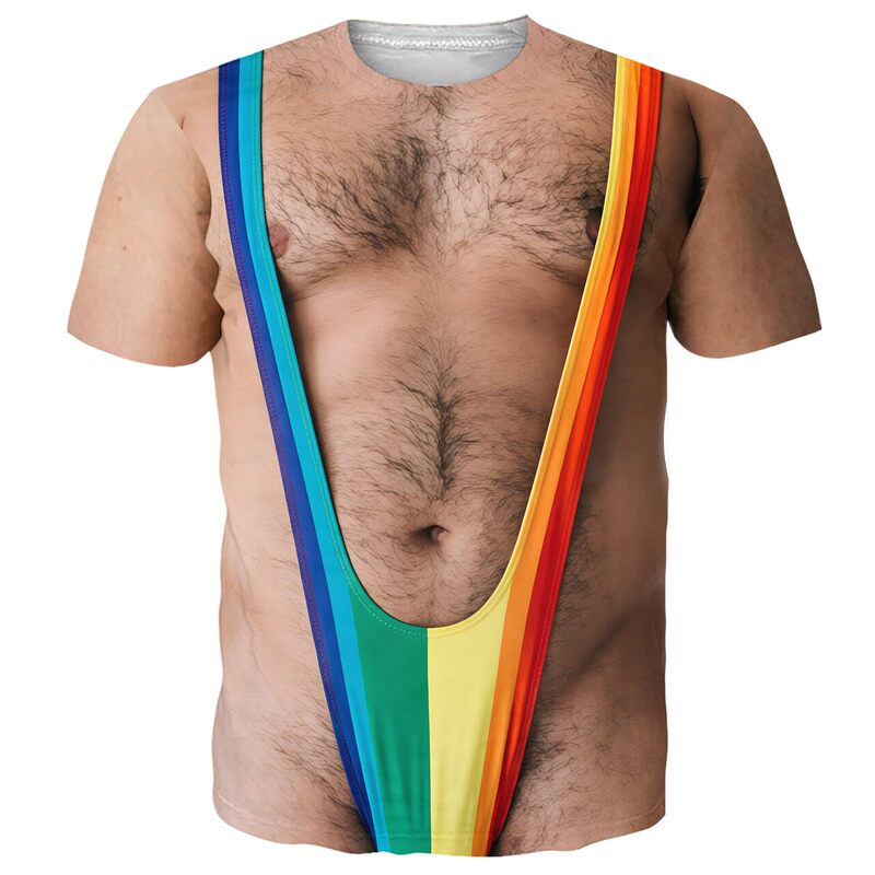 Novel and Fun Men's Printed Muscle Shirt with Chest Hair Pattern and Fake Abdominal Muscle Design, Suitable for Spring and Summer Wear