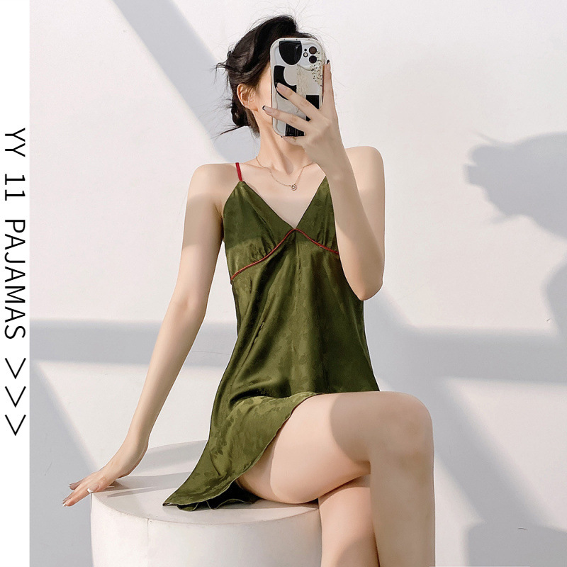 Ice and Snow Silk Jacquard Suspender Nightgown for Women Summer Thin Style with Breast Pads Sexy Temptation Pure Desire Slimming Nightgown Home Wear