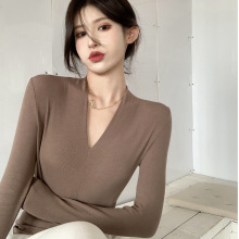 V领打底衫双面德绒长袖T恤秋冬保暖休闲加绒内搭保暖内衣纯色上衣