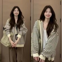 杏色抽绳连帽条纹针织开衫女冬季韩版宽松慵懒凤外穿毛衣