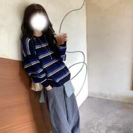 法式复古撞色条纹长袖针织衫女早秋独特超好看设计感宽松单穿上衣