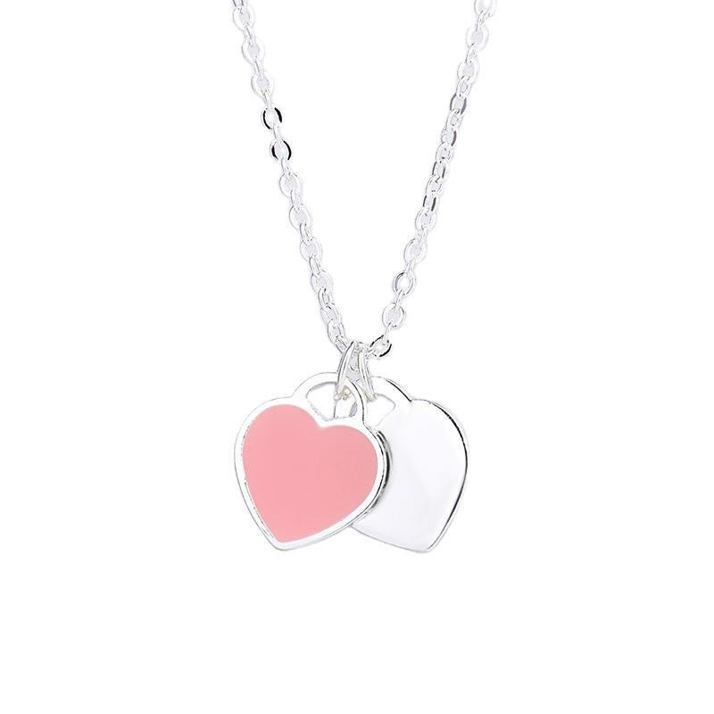 Qiaolanxuan simple en forma de corazón gota aceite esmalte Rojo Azul Rosa de tres colores en forma de corazón T-Home collar de cadena de clavícula joyería de las mujeres