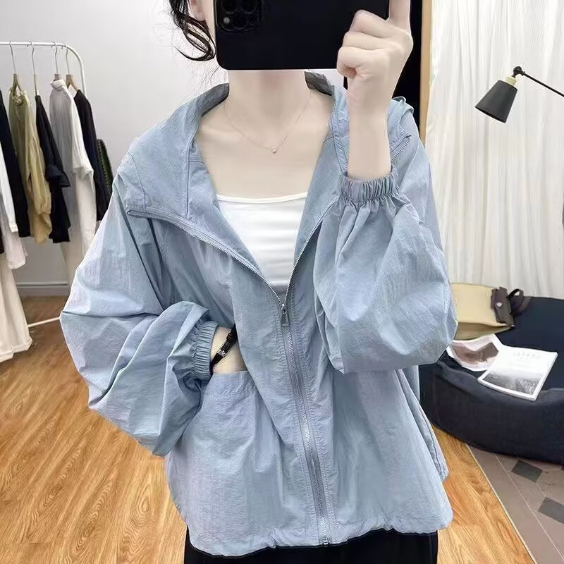 Summer Lightweight Hooded Loose Long-sleeved Sun Protection Clothing Women's Top Sun Protection Cardigan All-match Casual Small Jacket