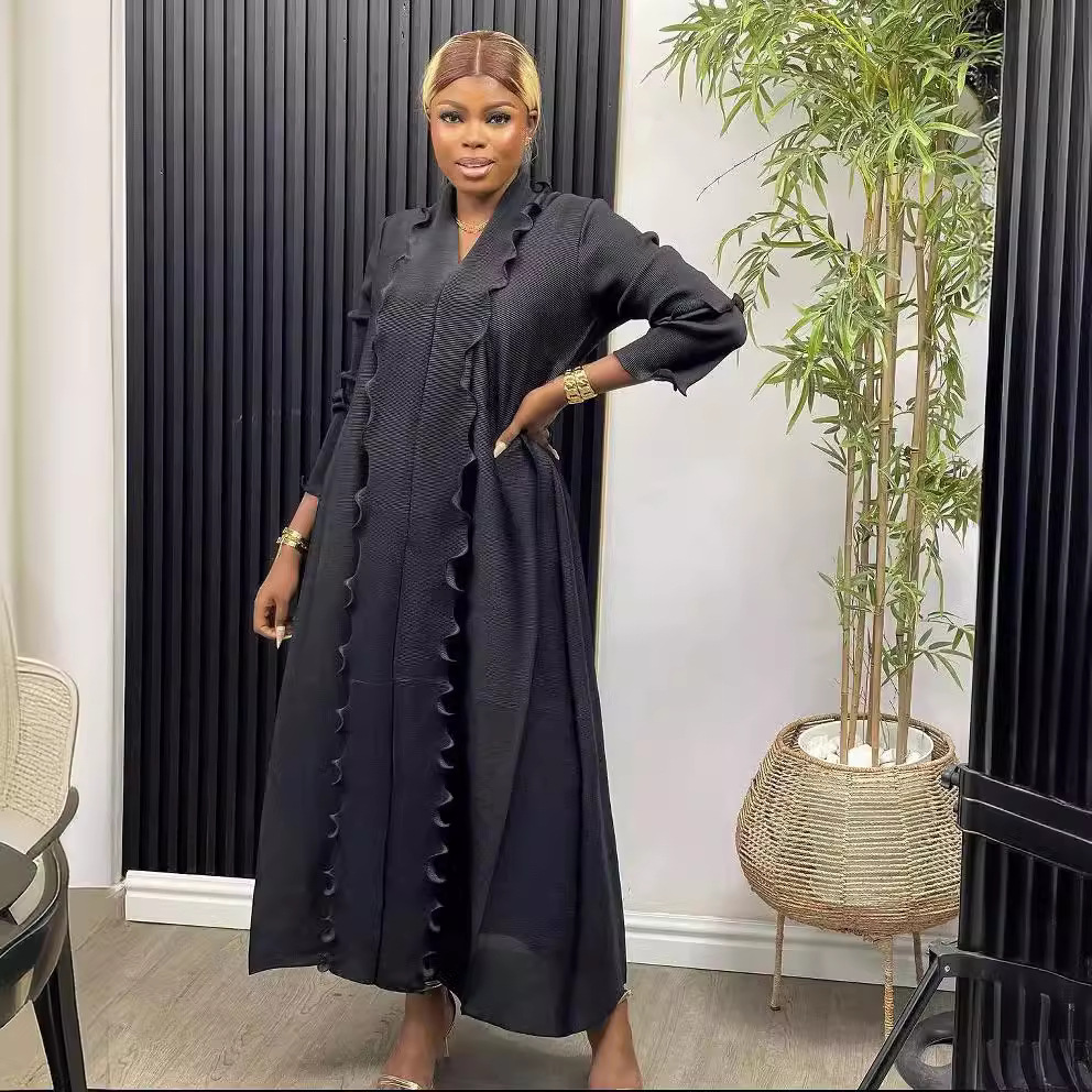 Naiste rõivad Plisseeritud V-kaelusega pitsist pikkade varrukatega moodne kleit naistele_voghion.com